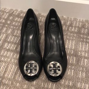 Black Leather Tory Burch Wedge